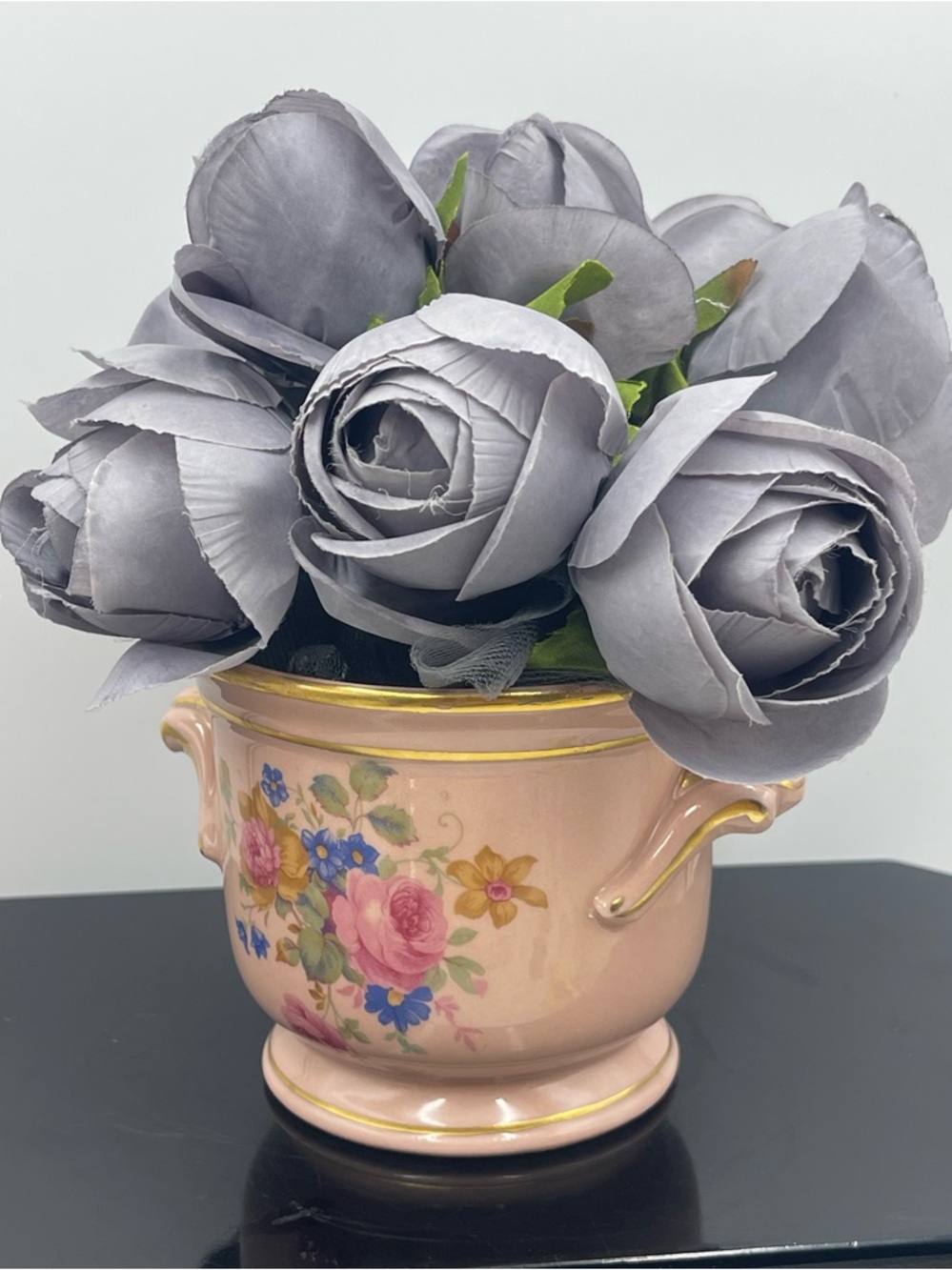 3 3/4” Pink Jardinière Porcelain Hand Painted Cachepot Planter Roses & Gold Trim